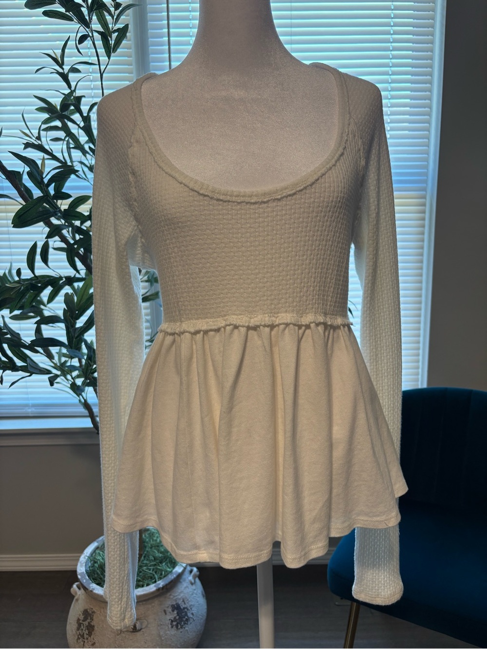 Free People Cream Waffle Knit Peplum Long Sleeve Top